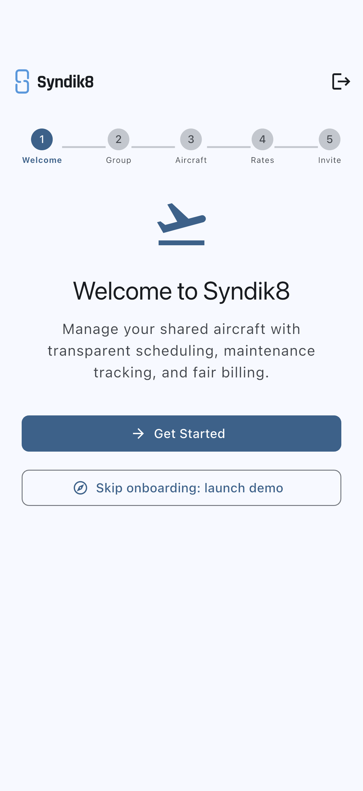 Onboarding welcome screen with a Get Started button and a Skip onboarding: launch demo button
