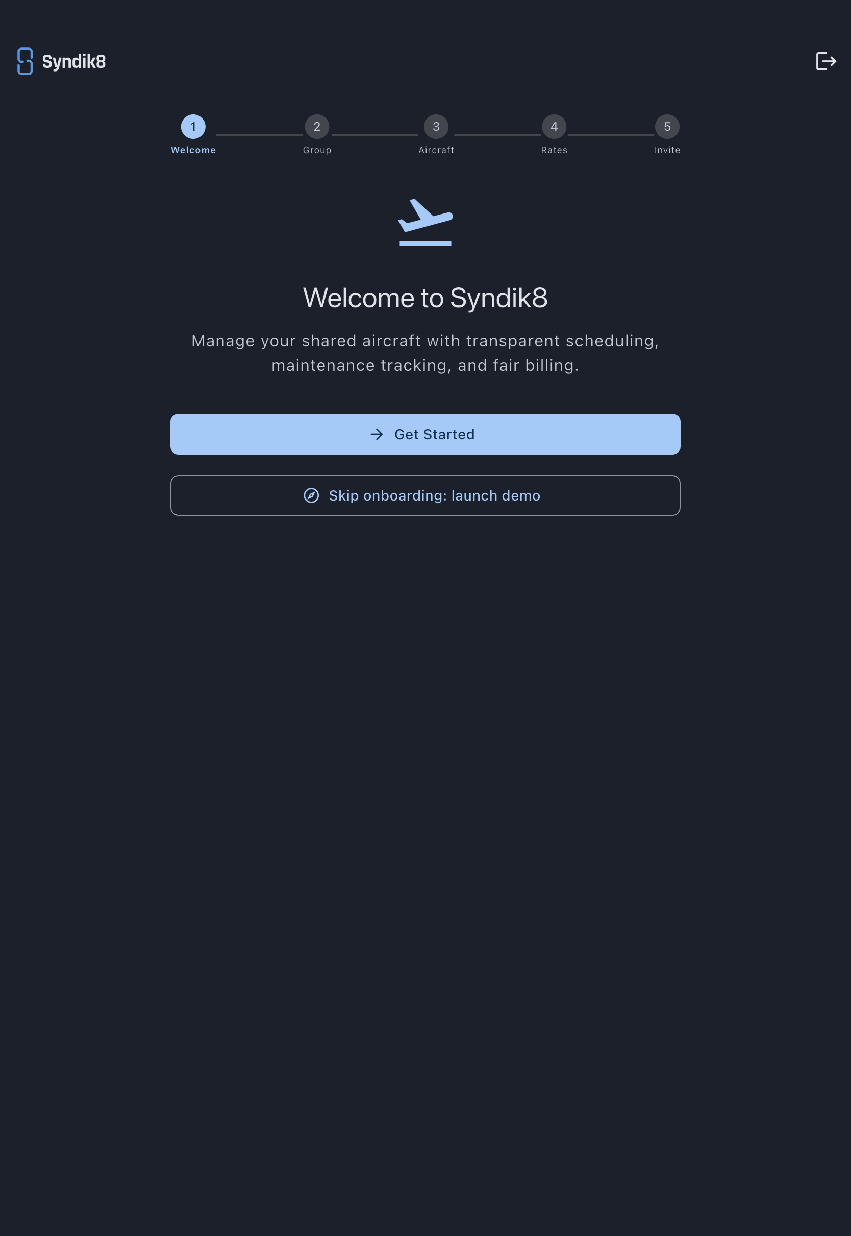 Onboarding welcome screen with a Get Started button and a Skip onboarding: launch demo button